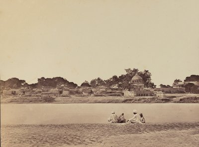 Dorp bij een rivier, ca. 1858 (sepia foto) door English Photographer